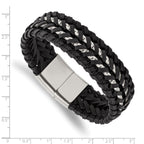 Stainless Steel Polished Black Woven Leather and Chain Bracelet for Men