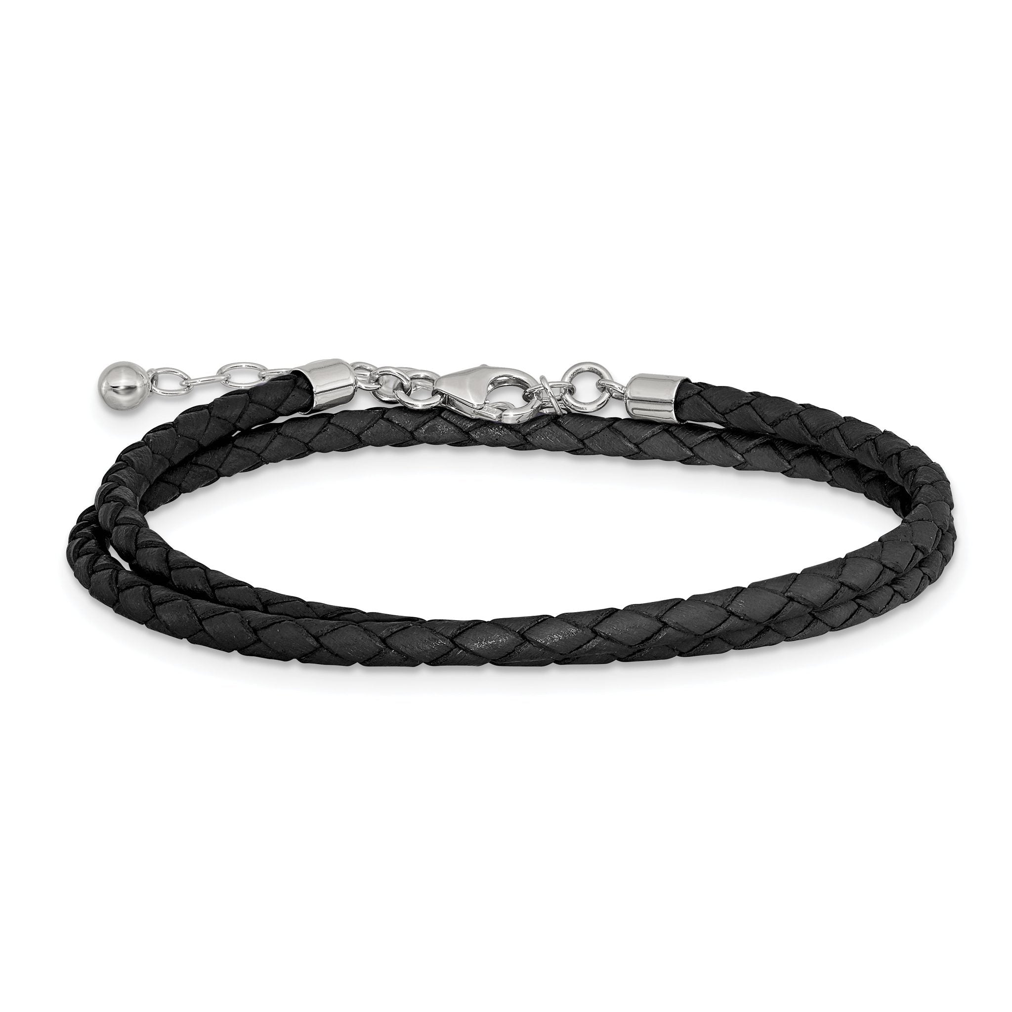 SS Reflections Black Leather Rh-plated 14in With 2in ext Choker/Wrap Bracelet