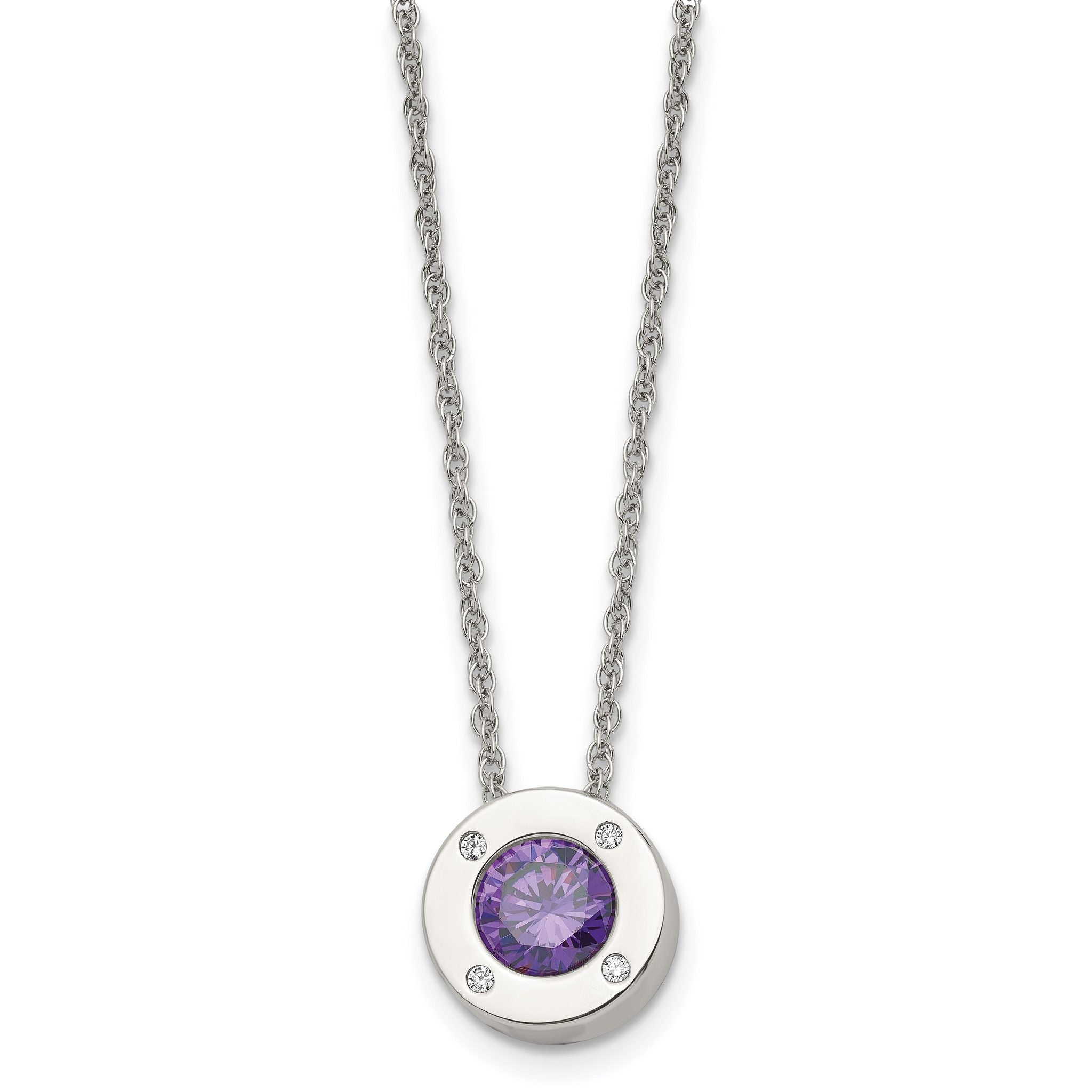 Chisel Stainless Steel Polished CZ February Birthstone Circle Pendant on a 20 inch Multi-Link Chain Necklace Main image