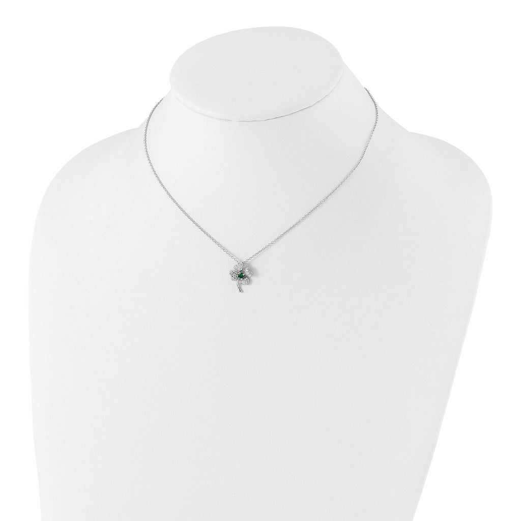 Cheryl M Sterling Silver Rhodium-plated Brilliant-cut Green Glass and Brilliant-cut White CZ Four Leaf Clover 15 Inch Necklace