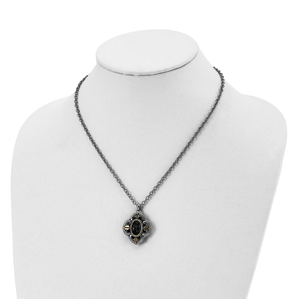 Antiqued Blue Glass Necklace in Stainless Steel with Gold Tone