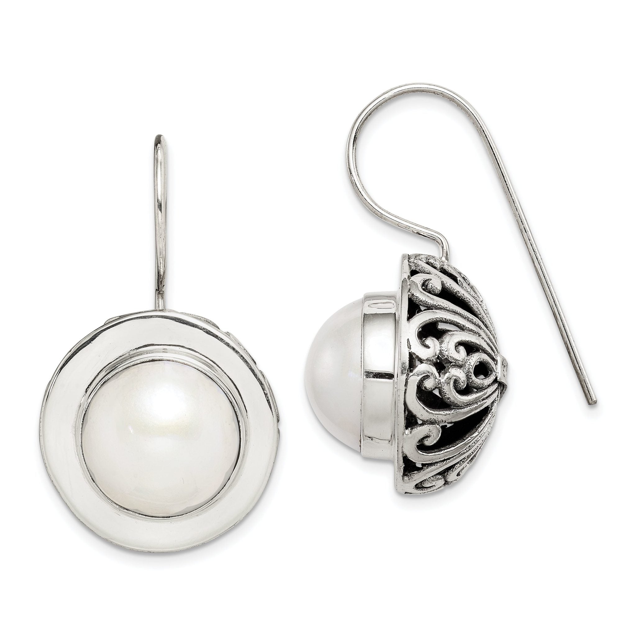 Sterling Silver Polished & Antiqued Fancy Filigree White 12-13mm Freshwater Cultured Mabe Pearl Dangle Earrings Main image