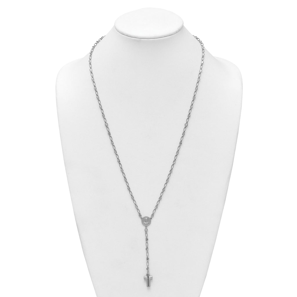 Sterling Silver Rhodium-plated CZ and Diamond-cut Heart Link with Cross Ash Holder 26.5 inch Rosary Necklace