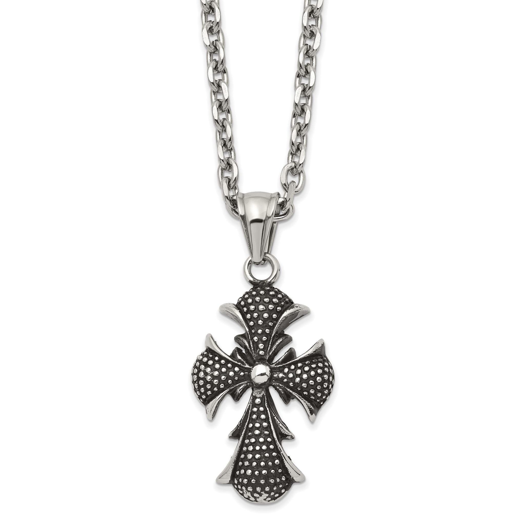 Stainless Steel Antiqued Polished and Textured Cross 24 inch Necklace Main image