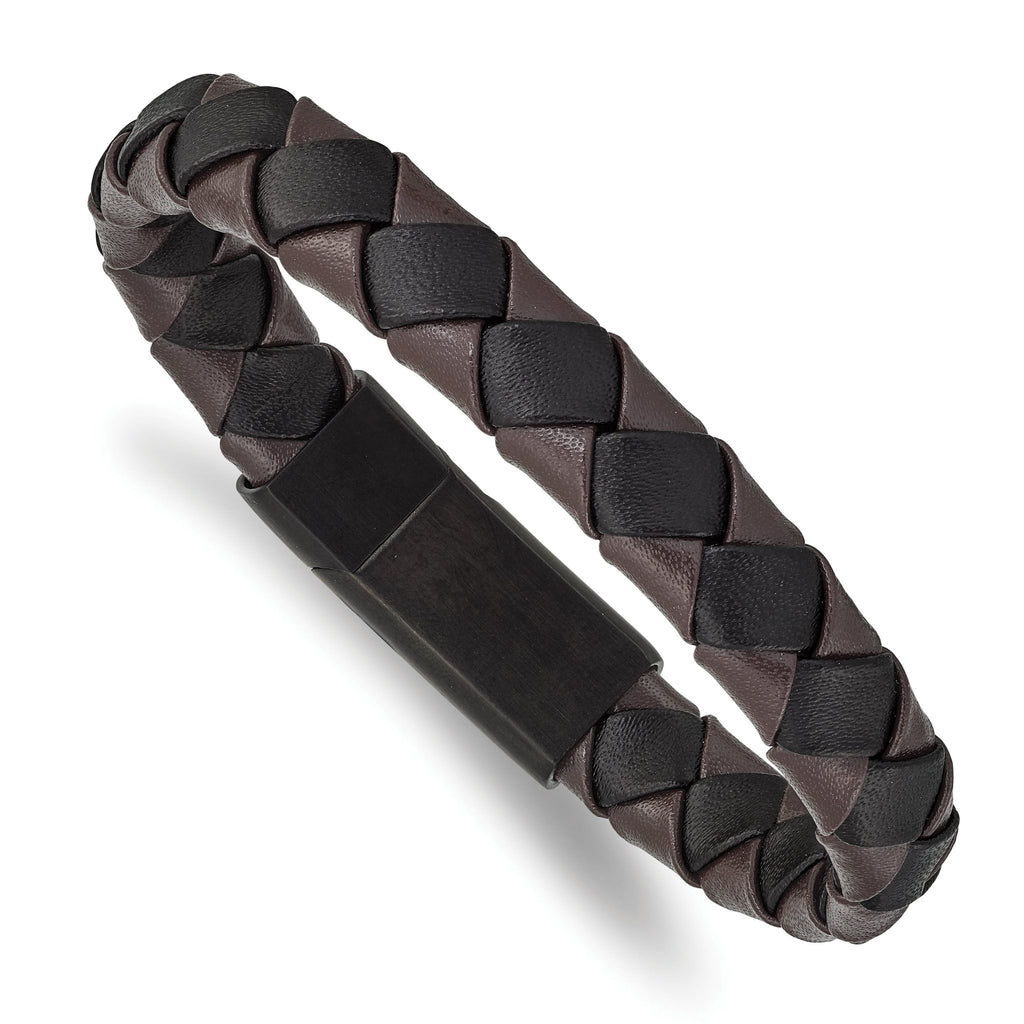 Stainless Steel Brushed Black IP-plated Black and Brown Leather Bracelet for Men