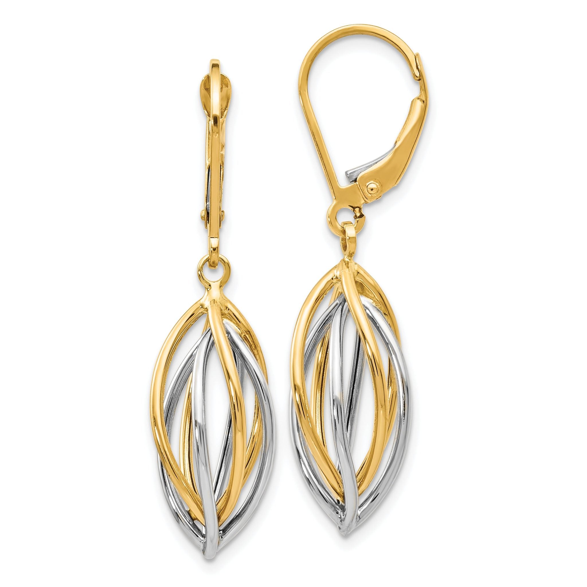 14K Two-Tone Gold Polished Leverback Earrings with Hollow Drop Design Main image