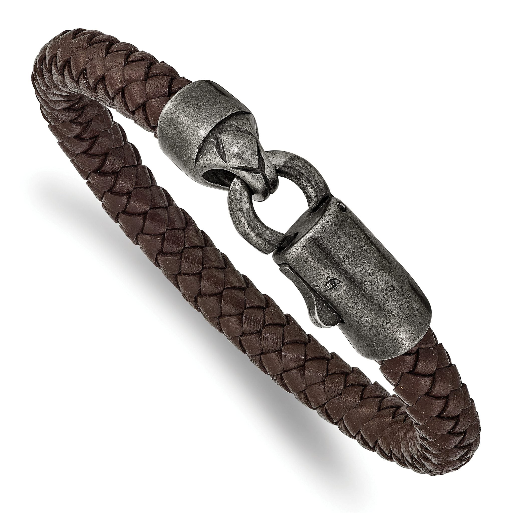 Stainless Steel Antiqued White Bronze-plated Brown Braided Leather Bracelet for Men Main image