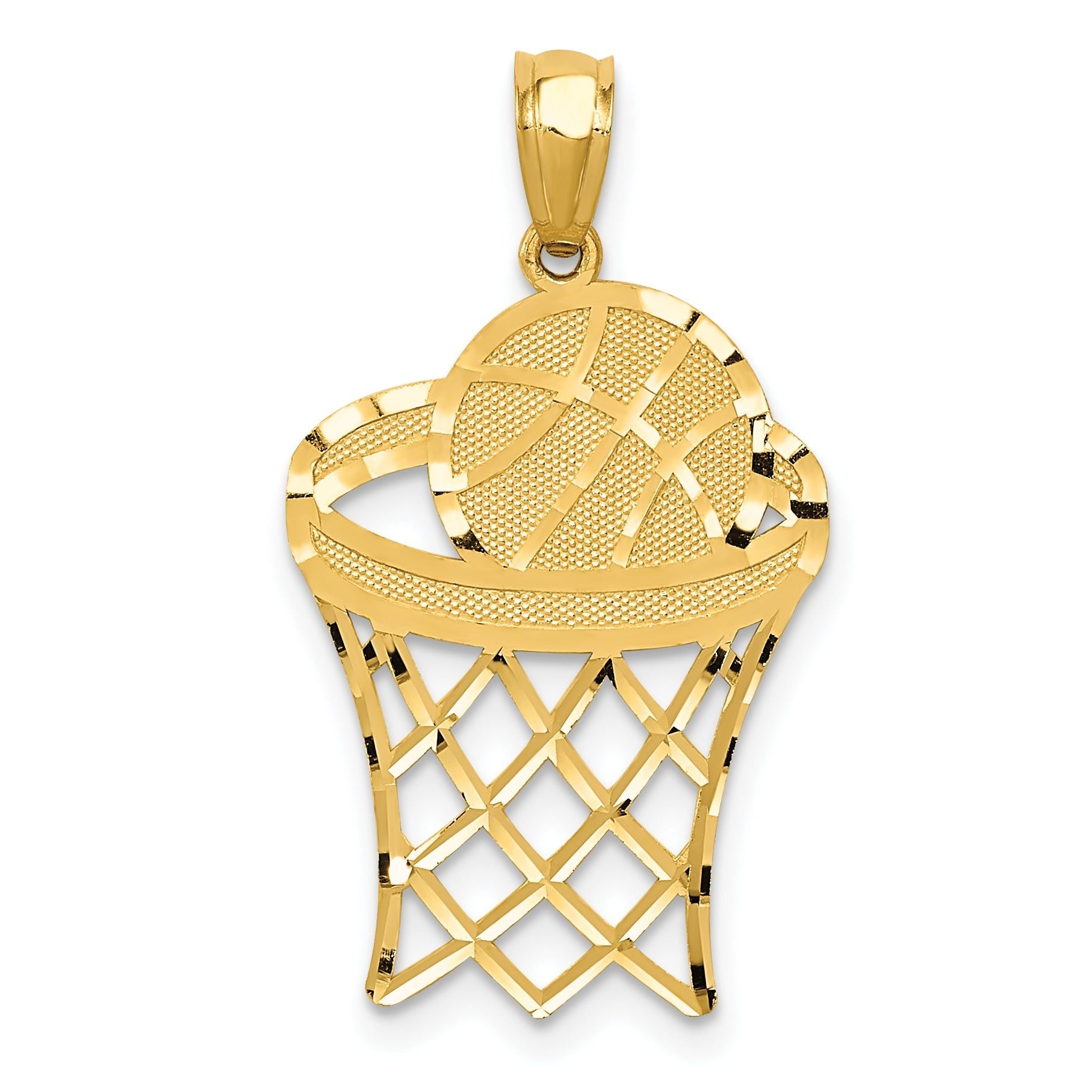 14K Yellow Gold Basketball Pendant with Polished Diamond-Cut Design for Men