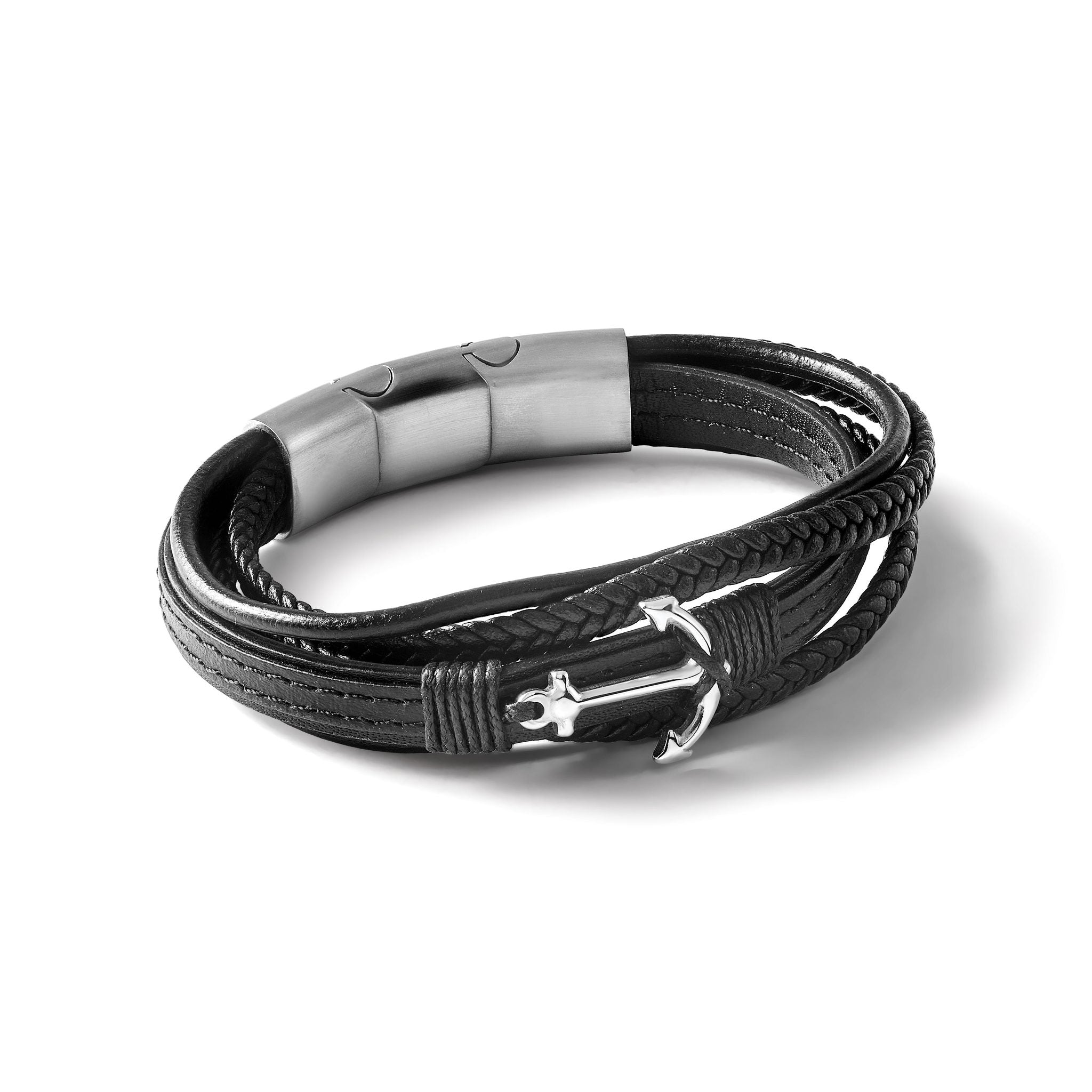 Stainless Steel Polished Anchor Black PU Leather Bracelet with . Extension