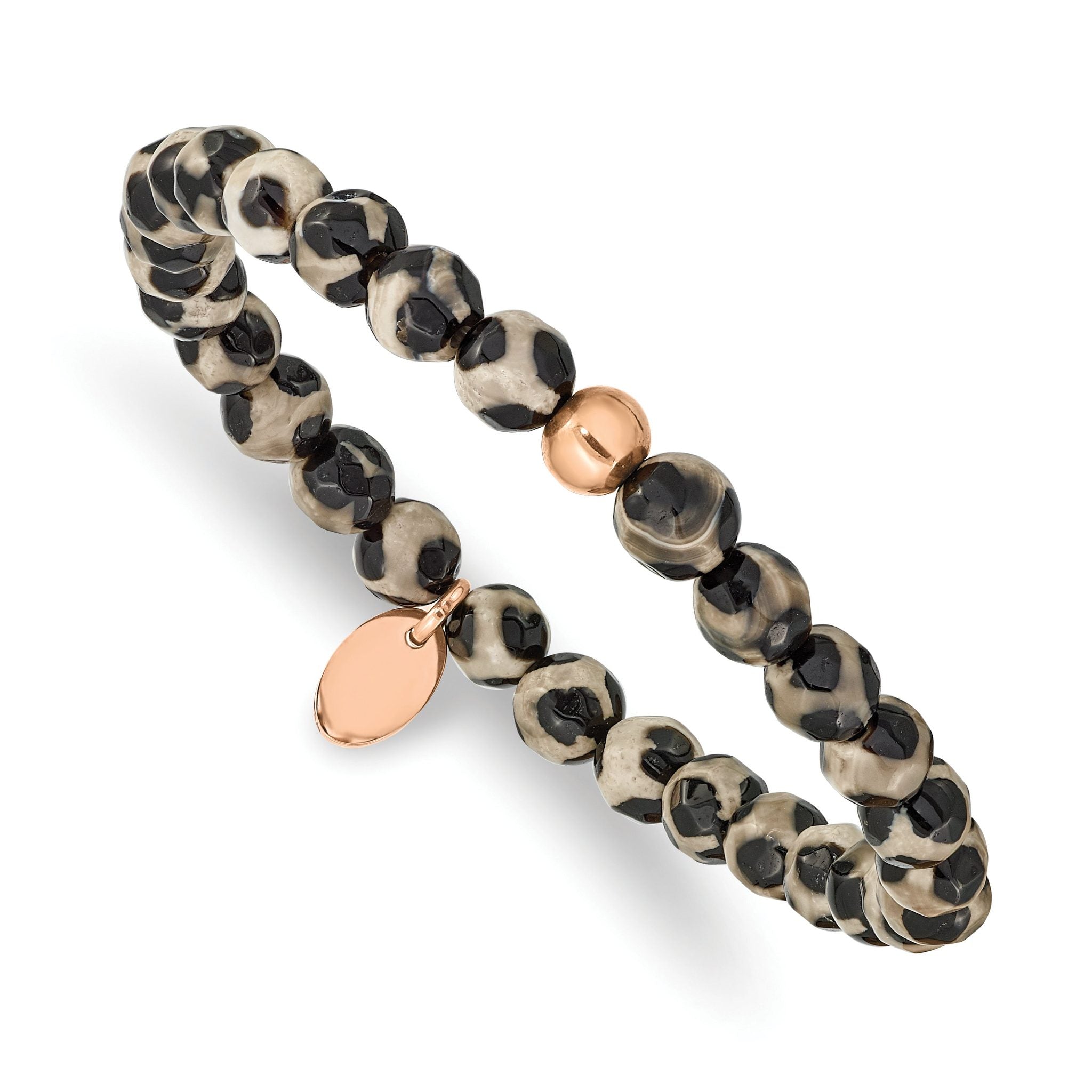 Stainless Steel Polished Rose IP-plated 6mm Black and White Agate Beaded Stretch Bracelet for Women Main image