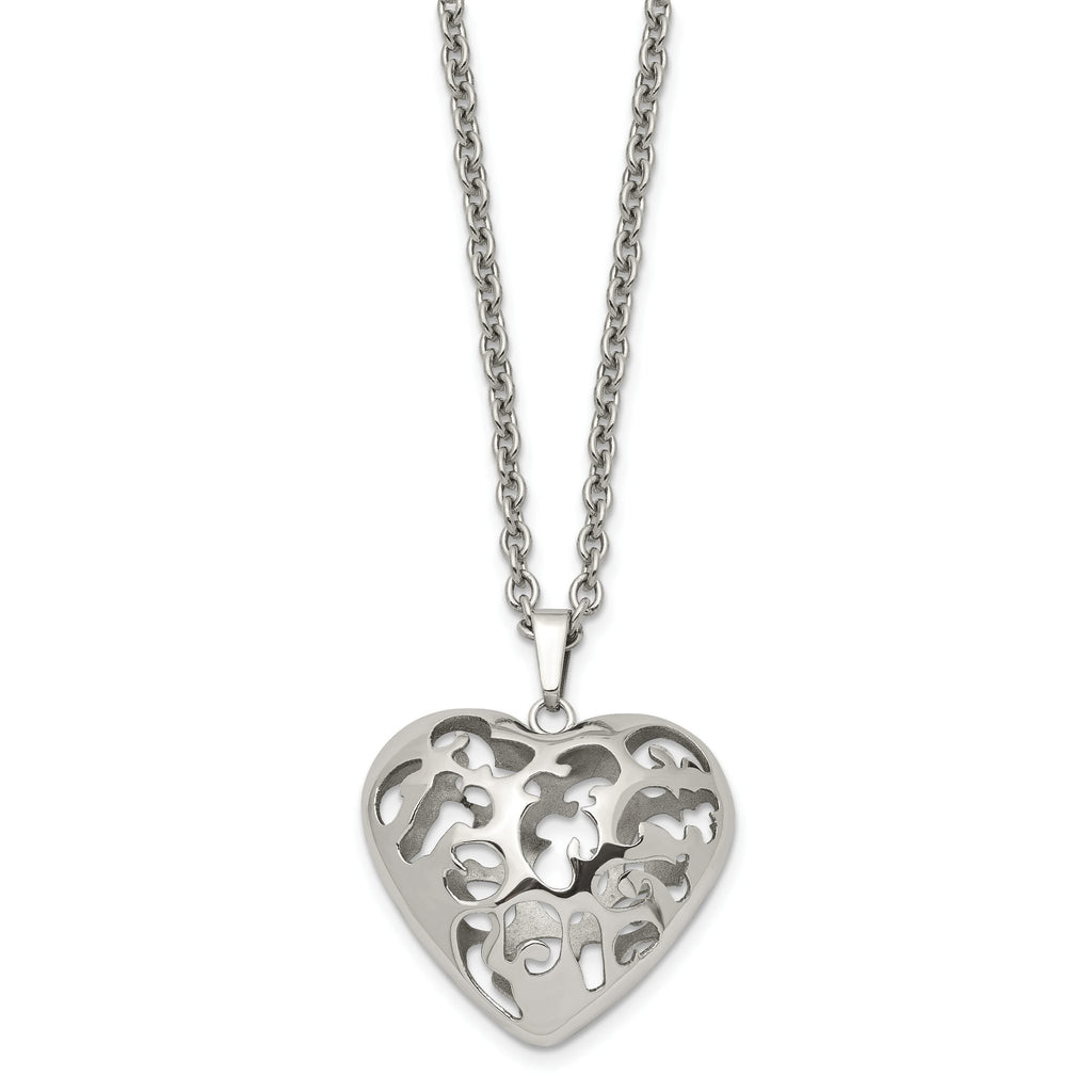 Filigree Puffed Heart Necklace in Stainless Steel, 20in