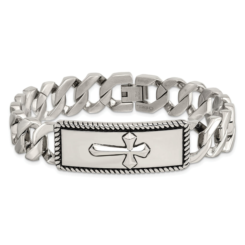 Stainless Steel Antiqued Polished and Textured Cross ID Bracelet for Men