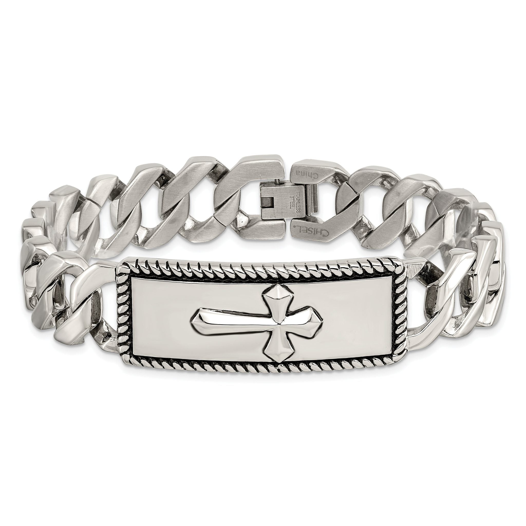 Stainless Steel Antiqued Polished and Textured Cross ID Bracelet for Men