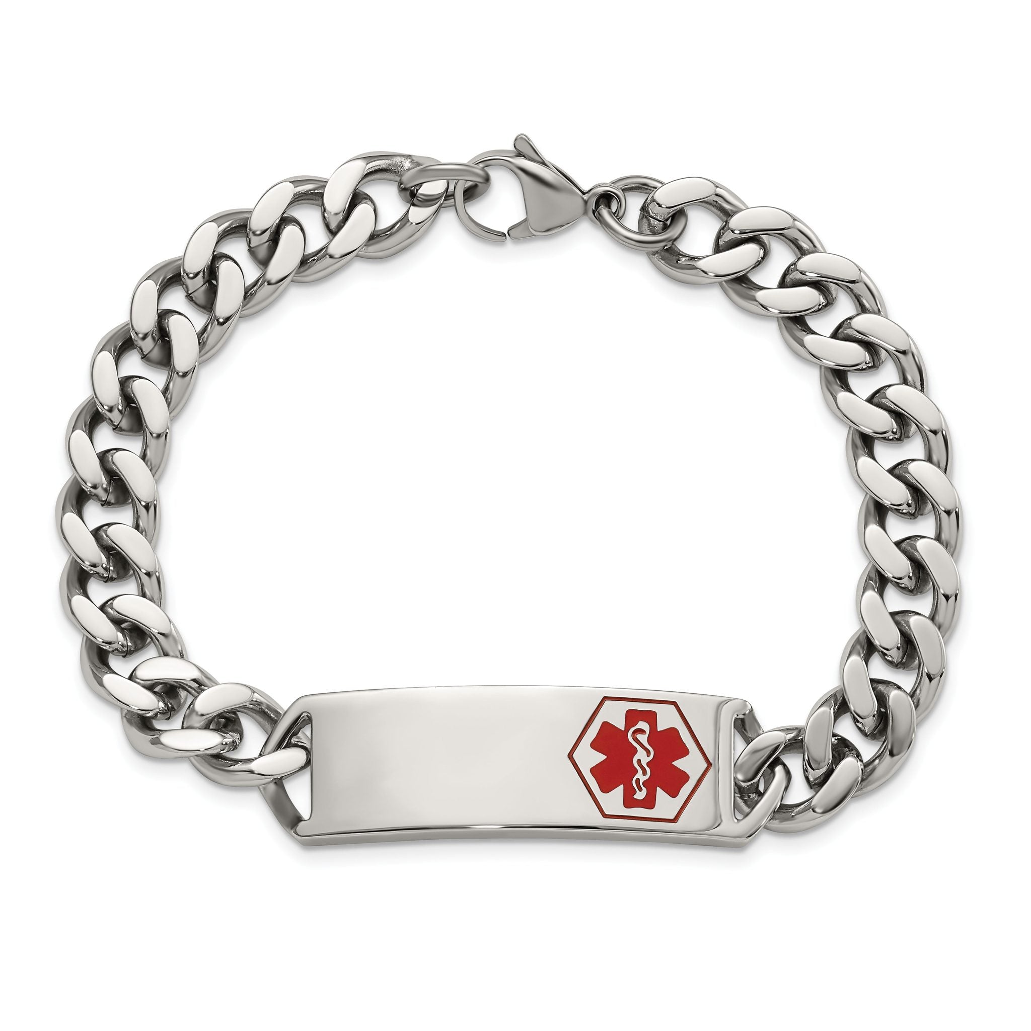 Stainless Steel Polished with Red Enamel Medical ID Curb Chain Bracelet for Men