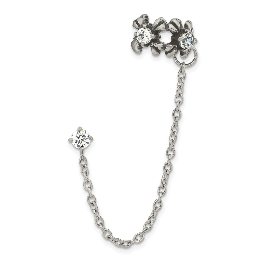 Stainless Steel Polished & Antiqued Cubic Zirconia Ear Climber Earrings for Women