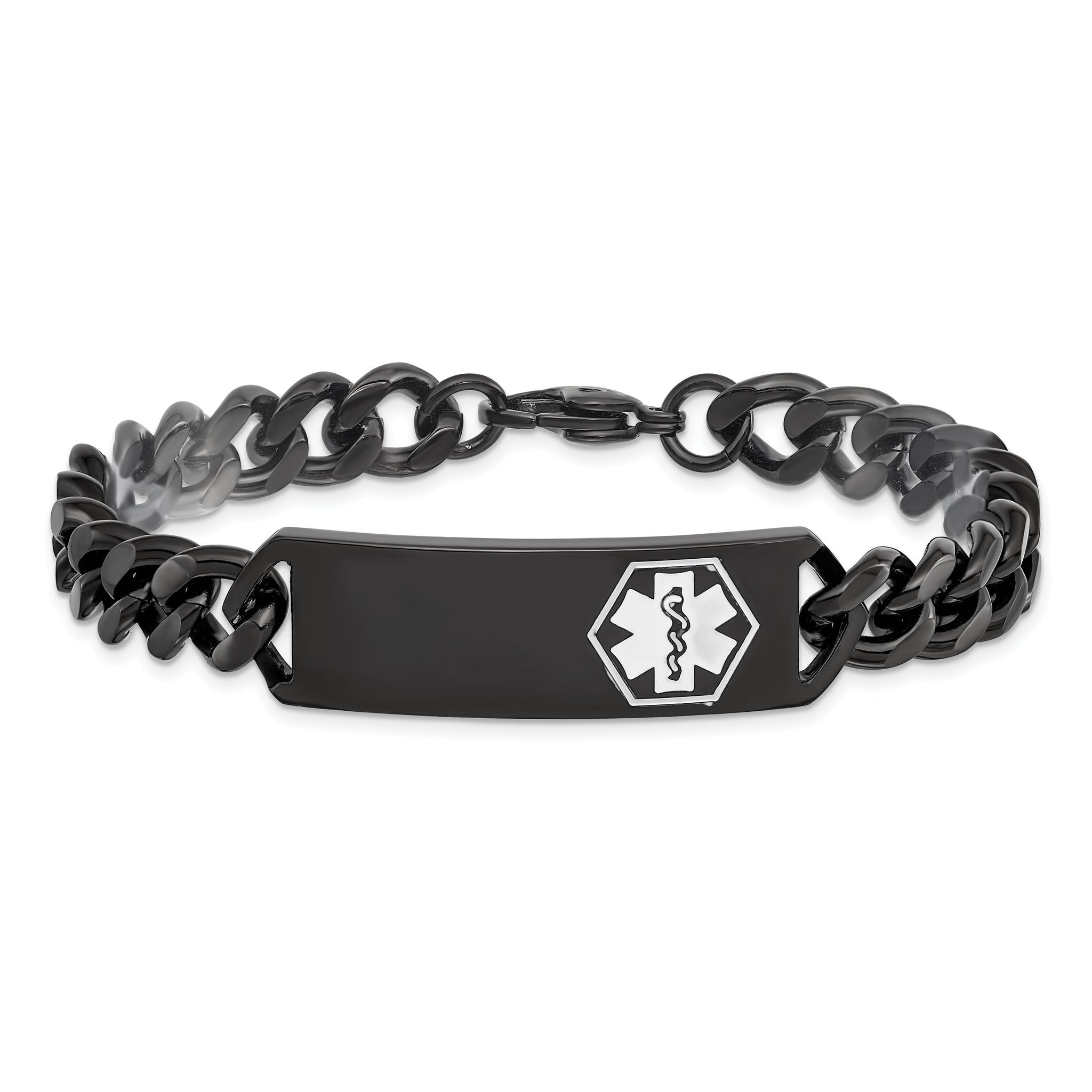 Stainless Steel Polished Black IP-plated with White Enamel Medical ID Curb Chain Bracelet for Men