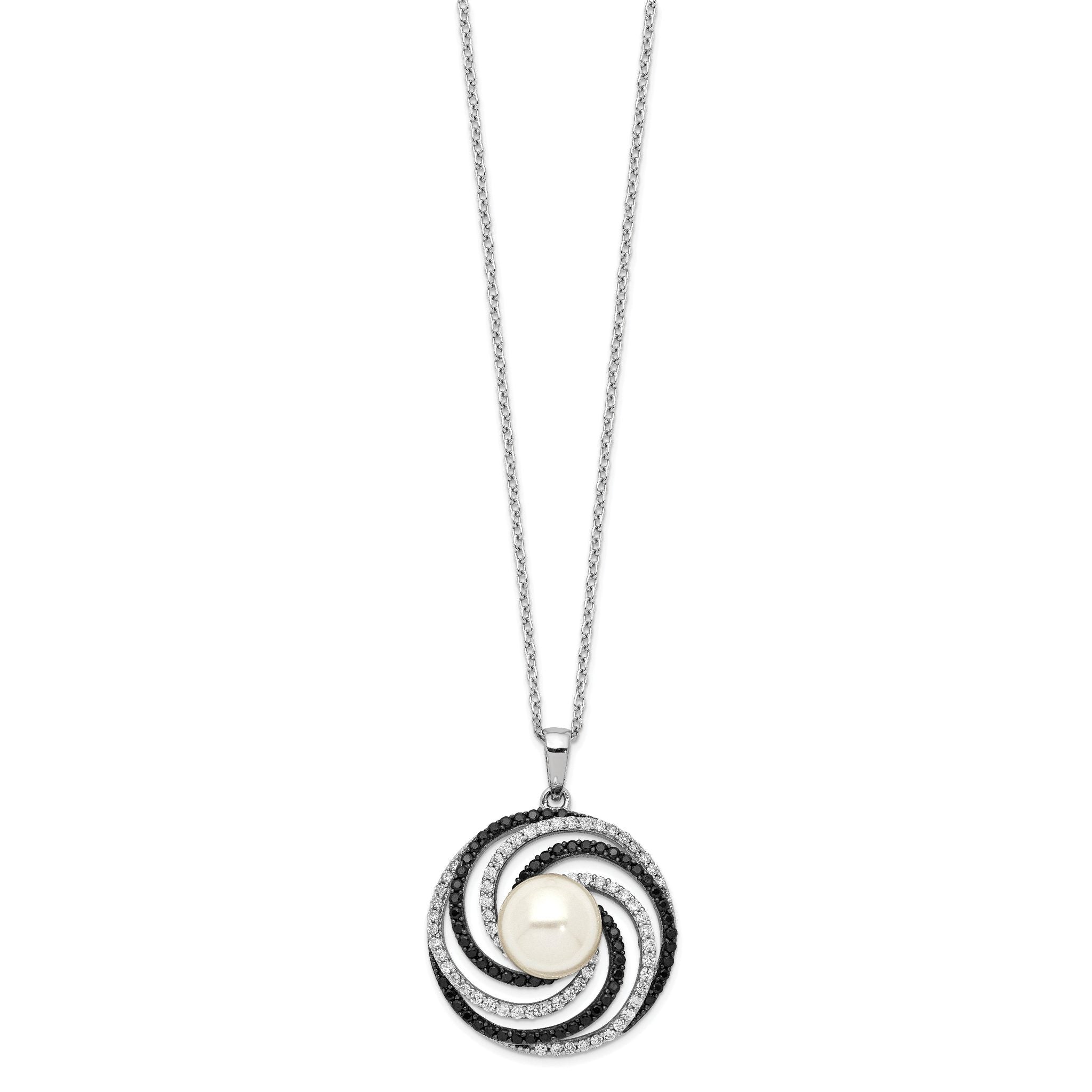 Sterling Silver CZ Shell Pearl Necklace with Rhodium-Plated Elegance Main image