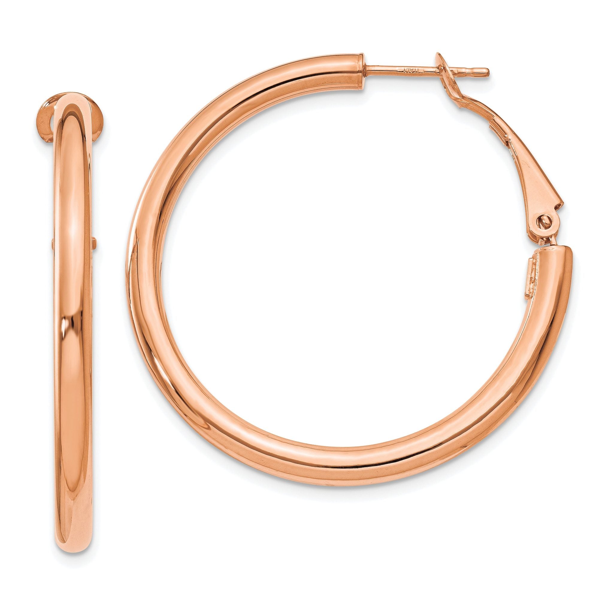 14k Rose Gold 3x30mm Polished Round Omega Back Hoop Earrings Main image