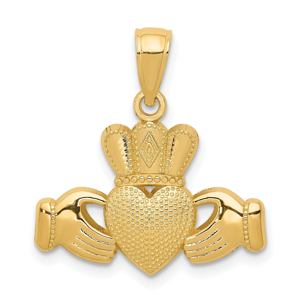 14K Gold Claddagh Pendant with Textured Crown and Polished Finish