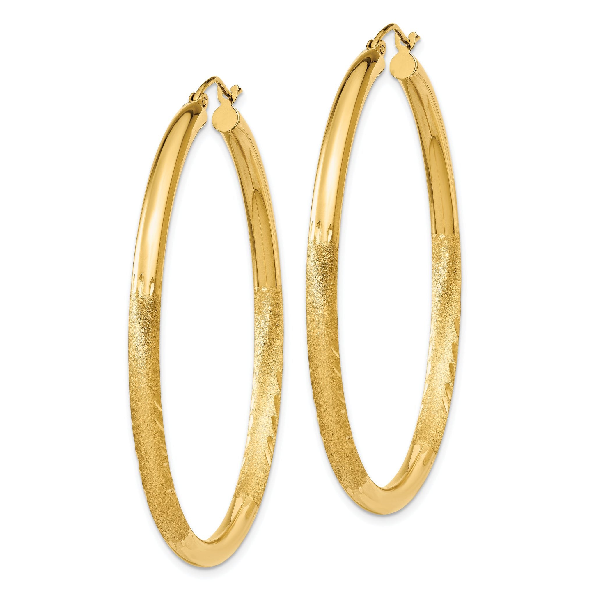 10k Satin & Diamond-cut 3mm Round Hoop Earrings Secondary image