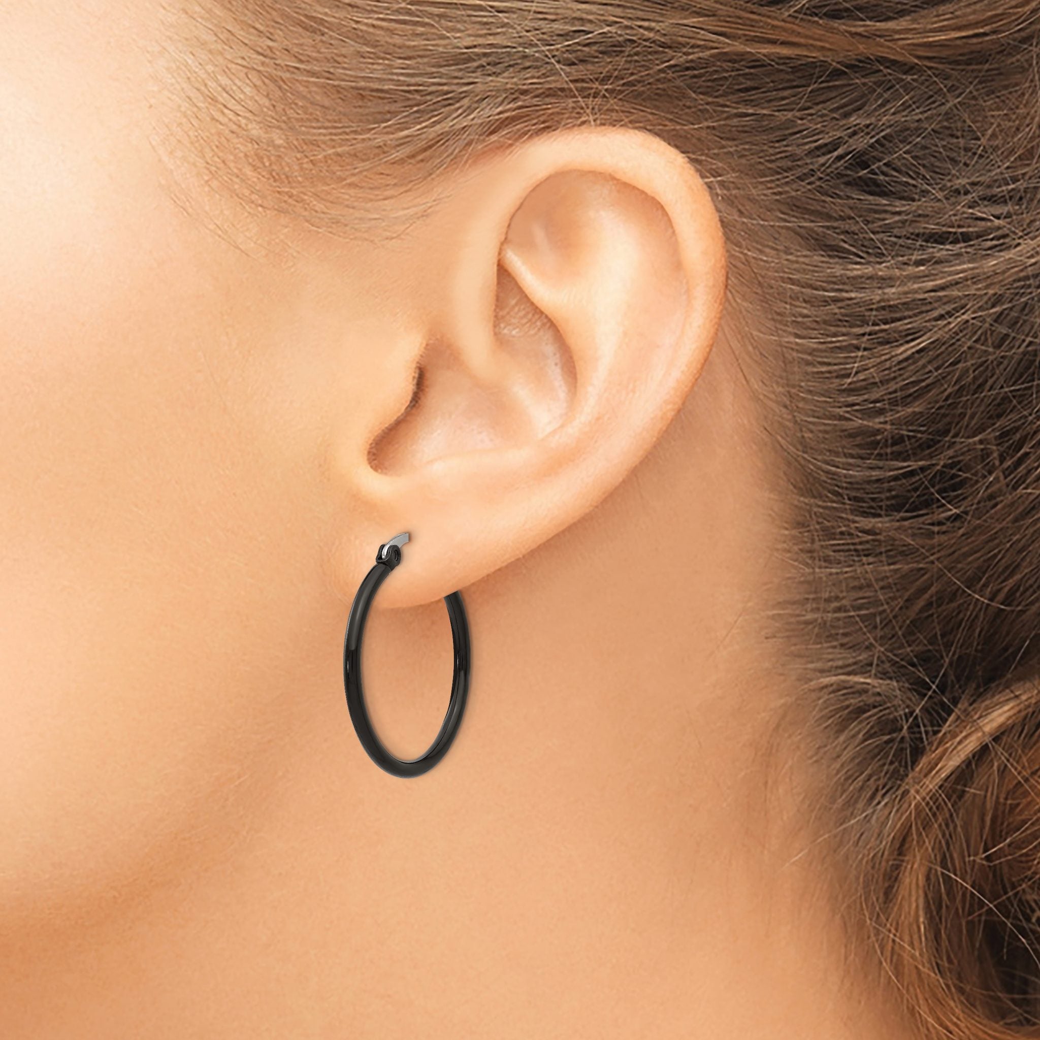 Stainless Steel Black Polished Hoop Earrings for Women