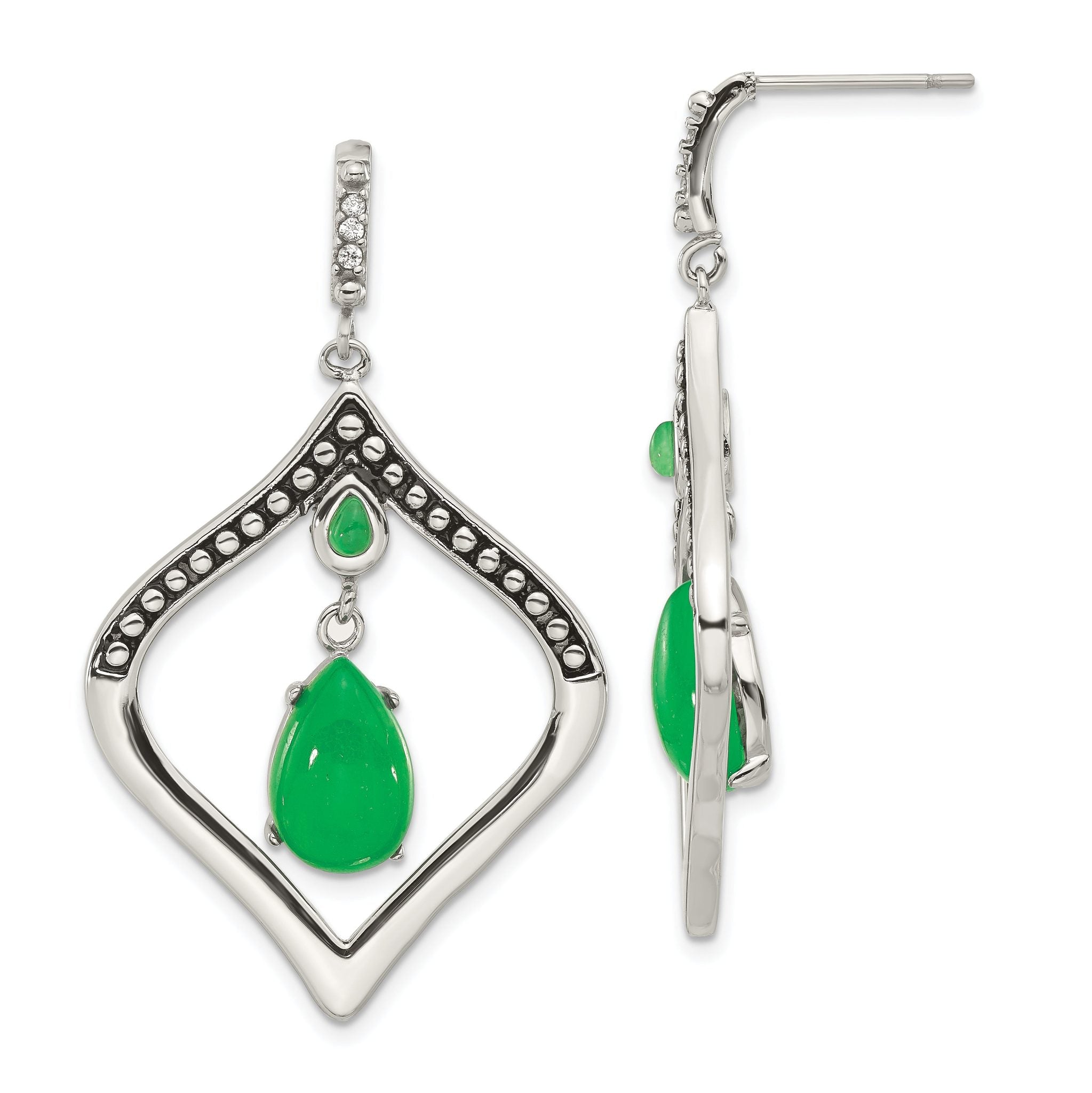 Stainless Steel Polished & Antiqued Cubic Zirconia Drop Dangle Earrings for Women
