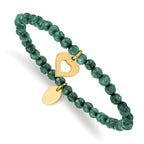 Stainless Steel Polished Yellow IP-plated Heart 4mm Green Jade Beaded Stretch Bracelet for Women