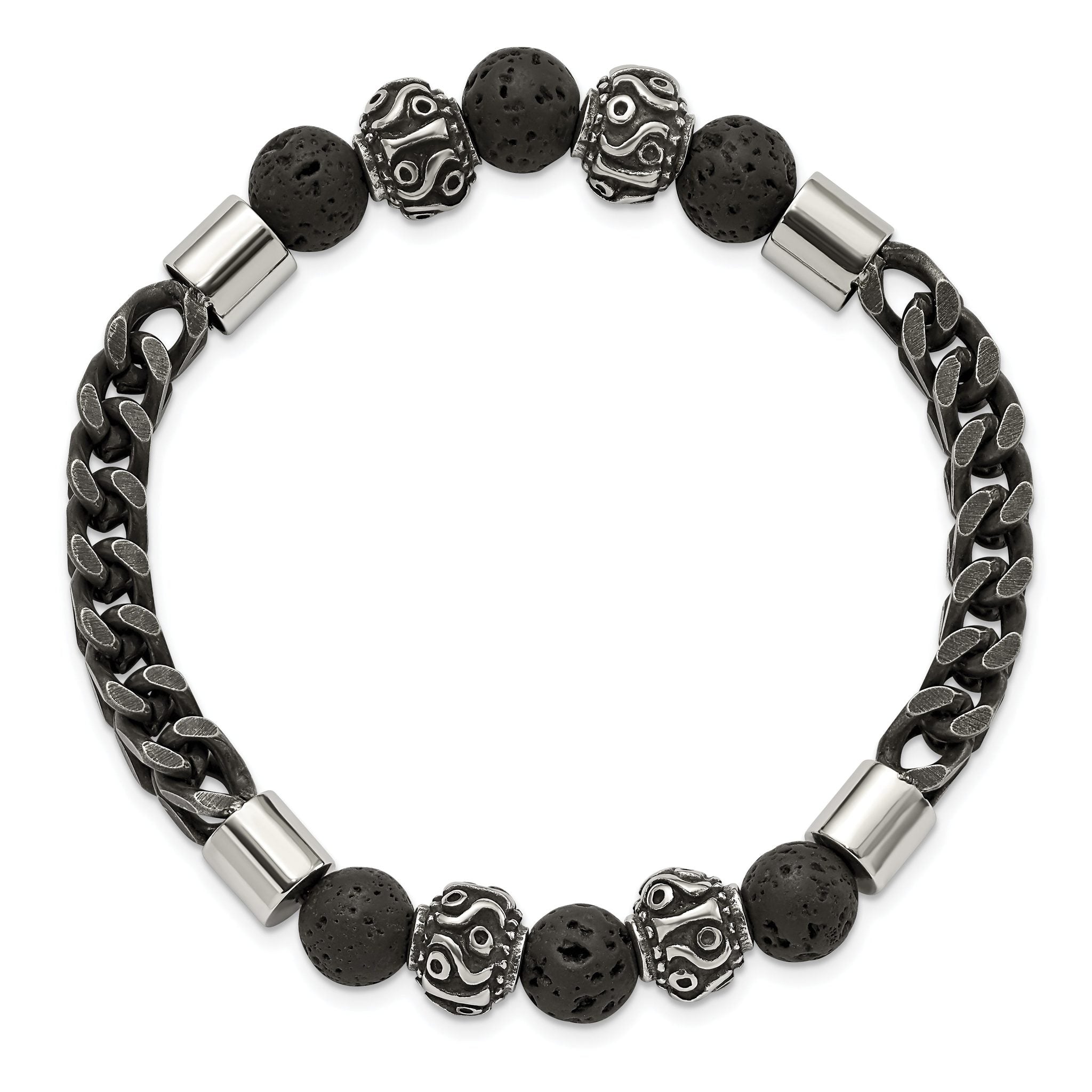 Stainless Steel Antiqued and Polished Black IP-plated Chain 8mm Lava Stone Beaded Stretch Bracelet Secondary image