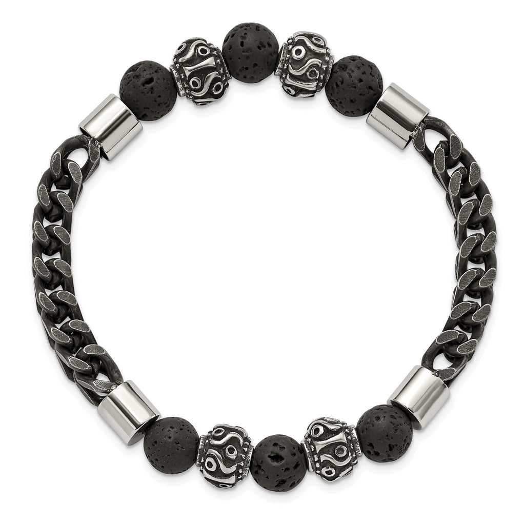 Stainless Steel Antiqued and Polished Black IP-plated Chain 8mm Lava Stone Beaded Stretch Bracelet