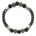 Stainless Steel Antiqued and Polished Black IP-plated Chain 8mm Lava Stone Beaded Stretch Bracelet