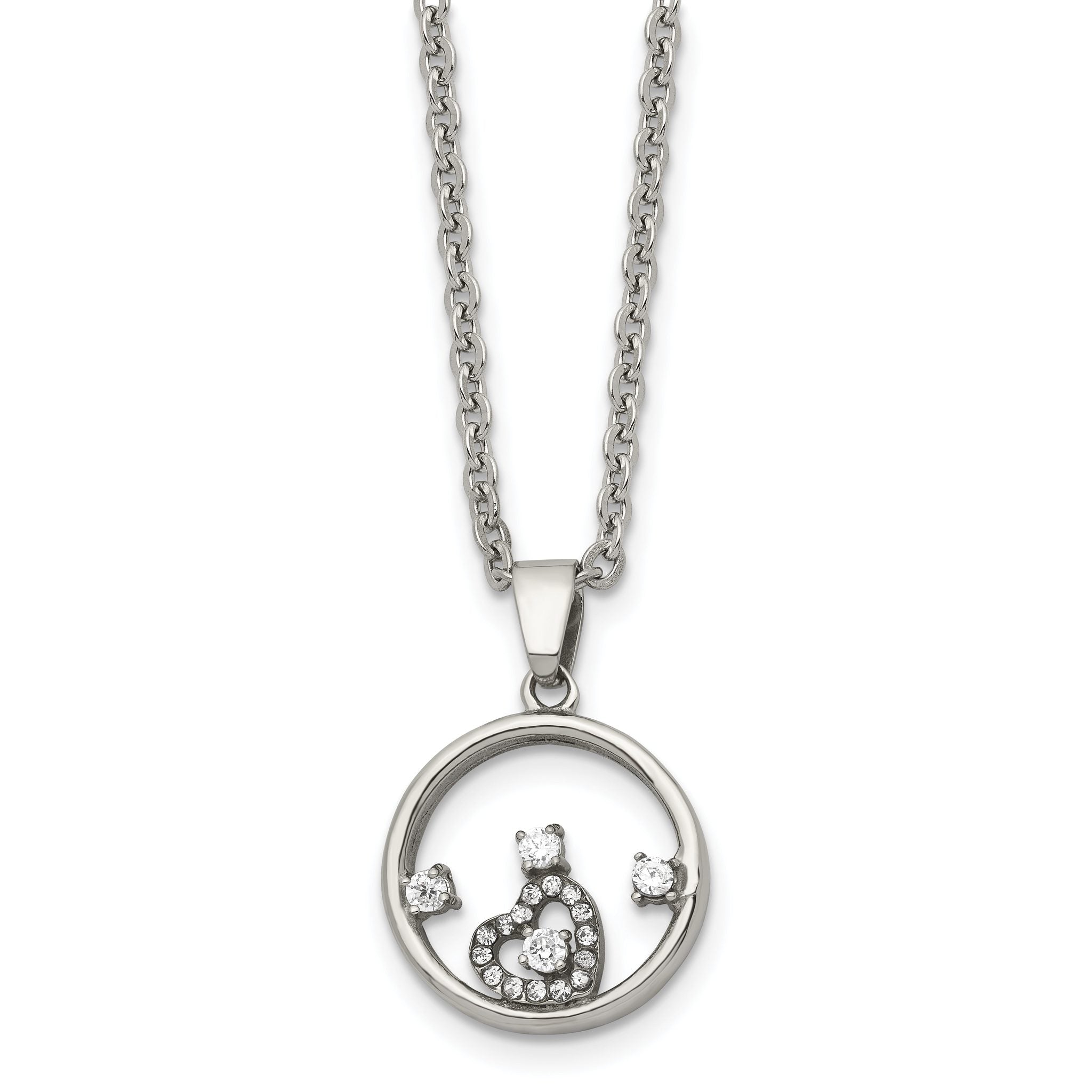 Chisel Stainless Steel Polished Circle with CZ and Heart Pendant on an 18 inch Cable Chain Necklace Main image