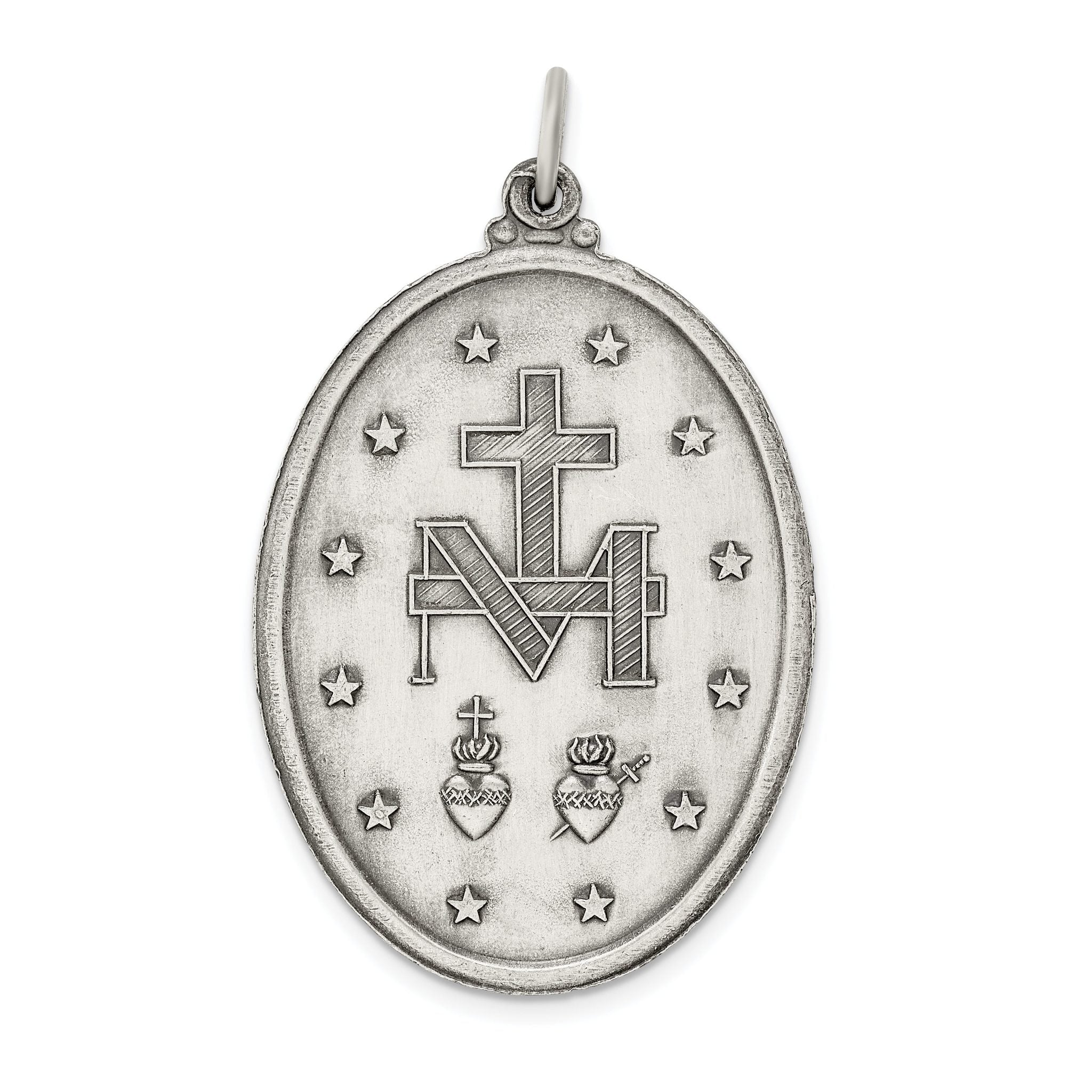 Sterling Silver 925 Antiqued Miraculous Medal Pendant Solid Vintage Design