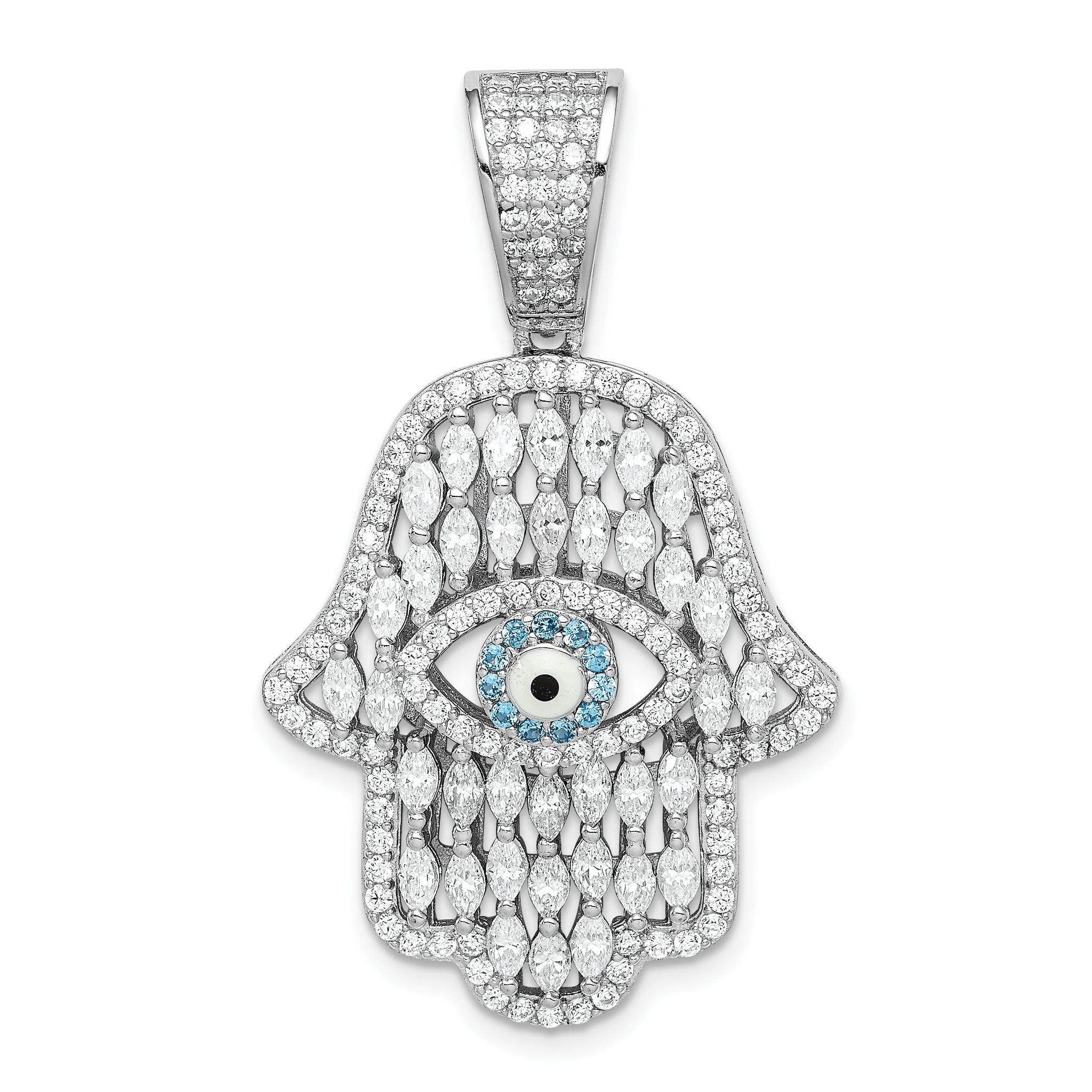 Sterling Silver Rhodium-plated White & Blue CZ Hamsa Eye Pendant Main image