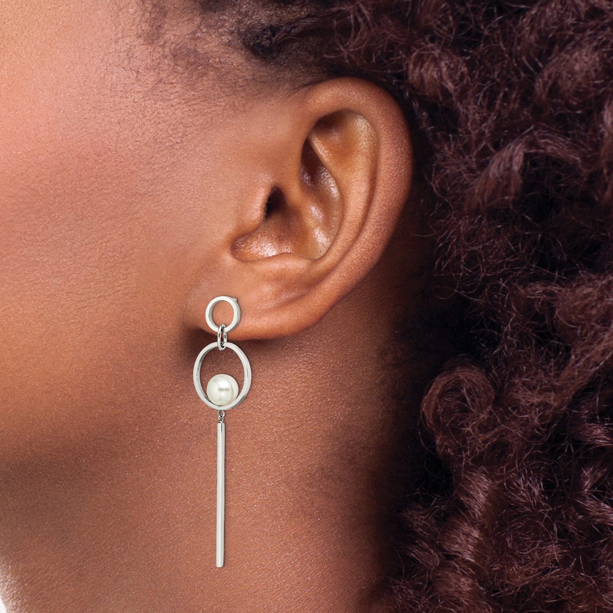 Stainless Steel Polished Pear Simulated Pearl Drop Dangle Earrings for Women