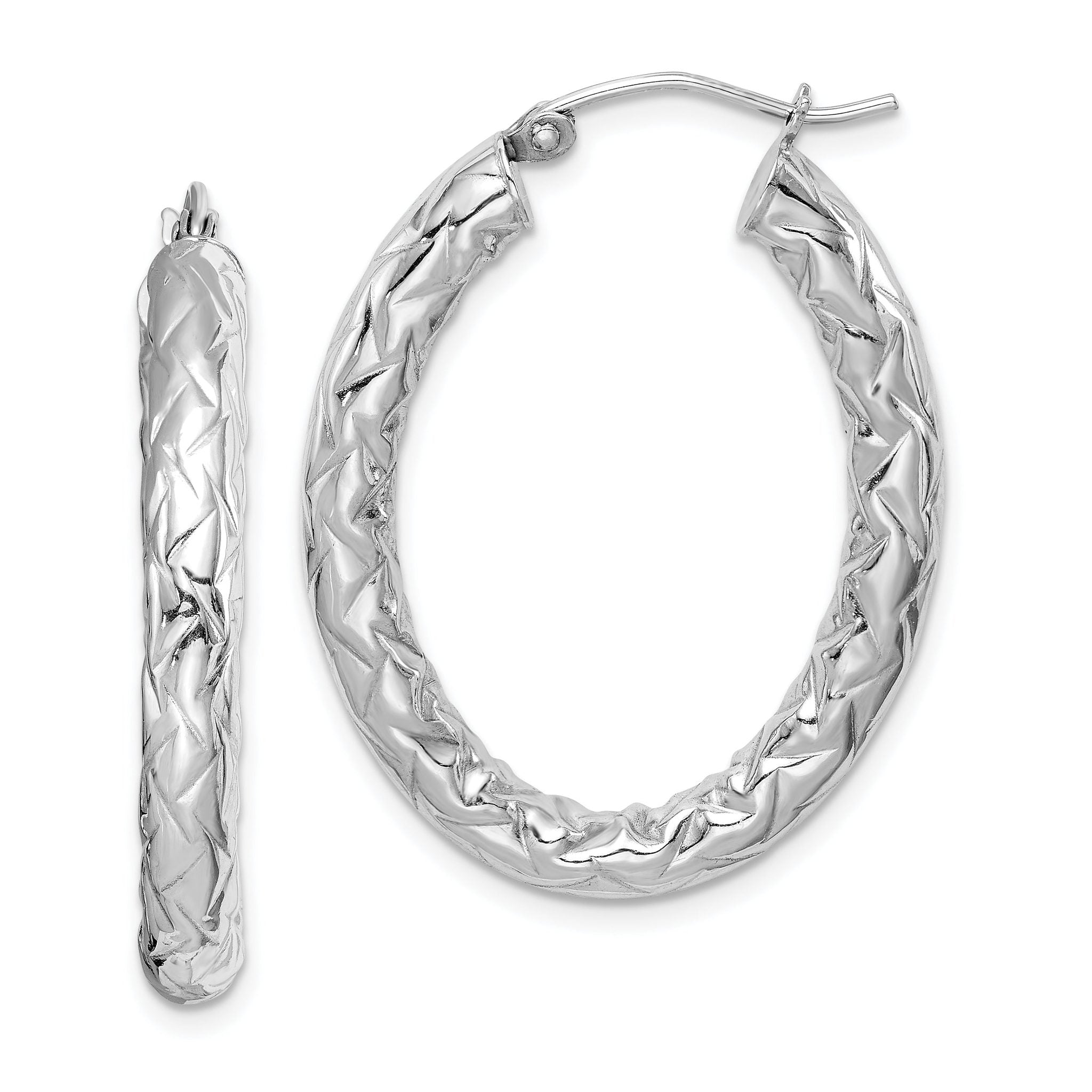 Sterling Silver 925 Oval Hoop Earrings with Rhodium Plating & Diamond-Cut Texture Main image