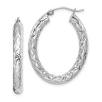 Sterling Silver 925 Oval Hoop Earrings with Rhodium Plating & Diamond-Cut Texture
