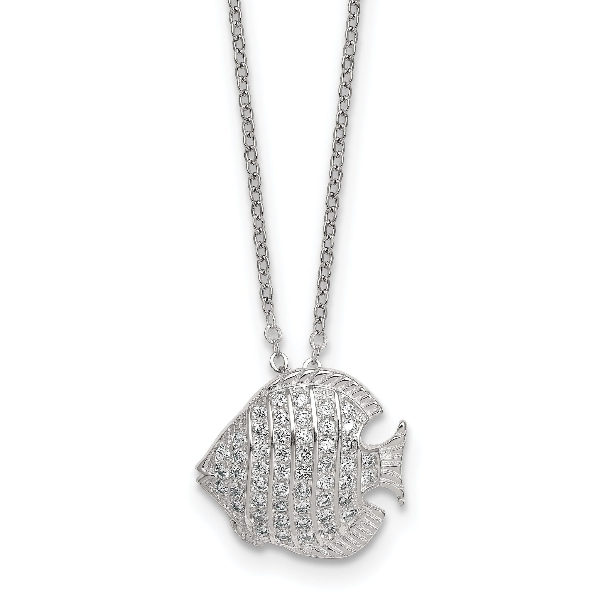 Sterling Silver Polished and Grooved CZ Fish 16 Inch with 2 Inch Extension Necklace Main image