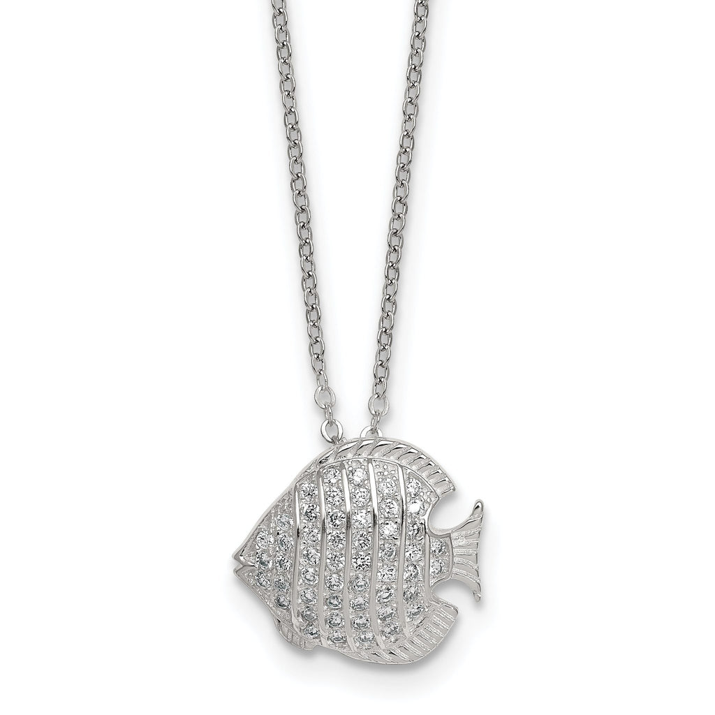 Sterling Silver Polished and Grooved CZ Fish 16 Inch with 2 Inch Extension Necklace