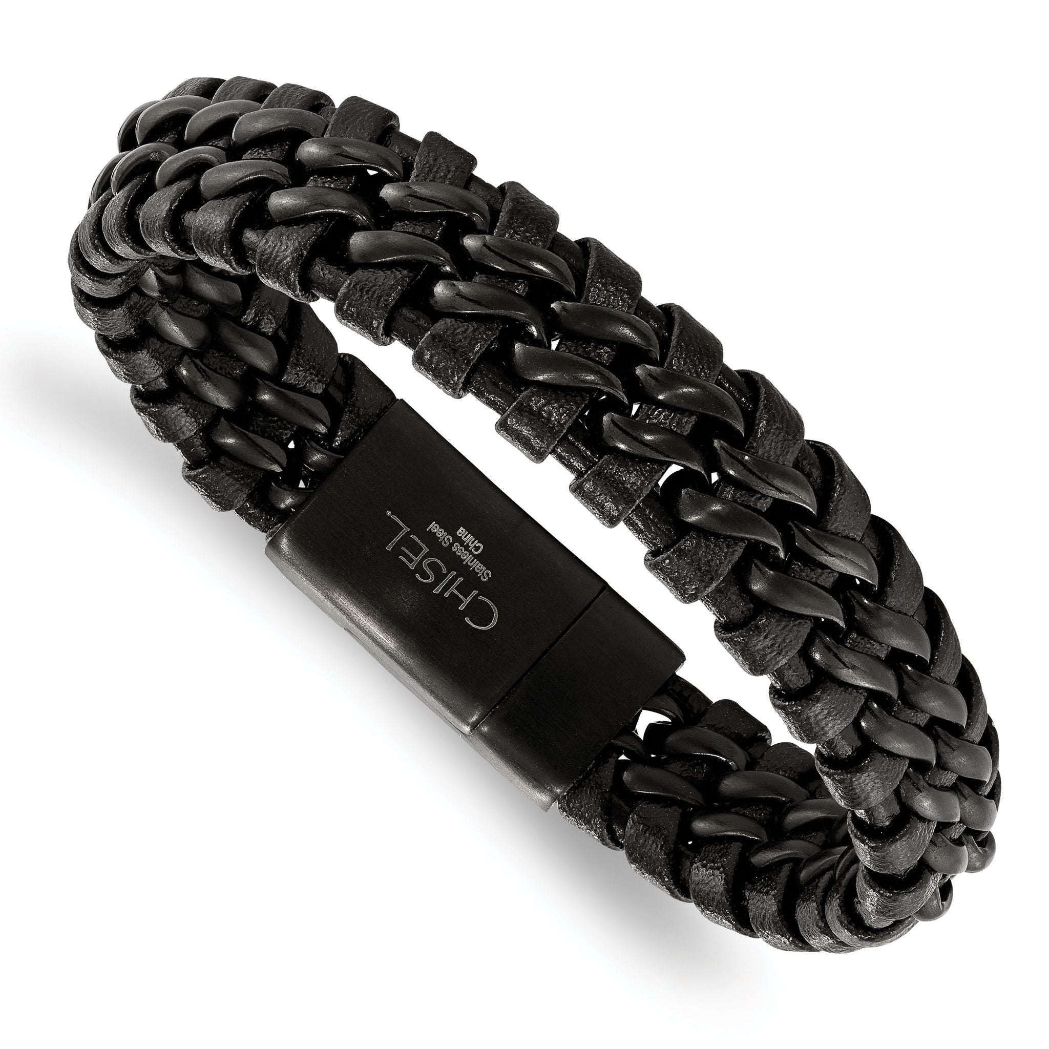 Stainless Steel Brushed Black IP-plated Black Leather Bracelet for Men Main image