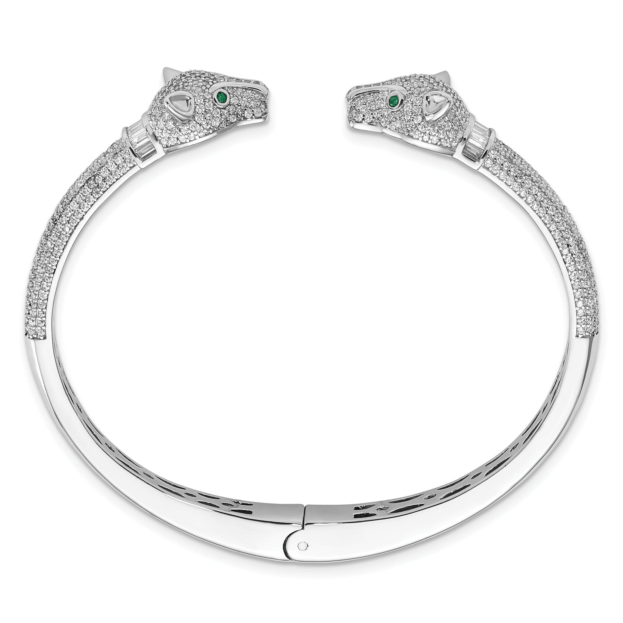 Sterling Silver Rhodium-plated Polished CZ Lioness Hinged Cuff Bangle Secondary image
