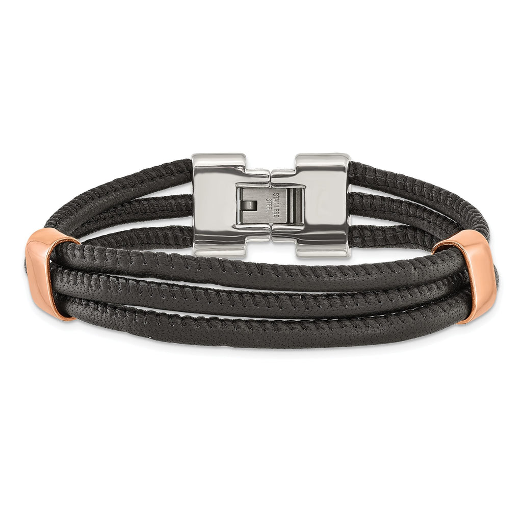 Stainless Steel Polished Rose IP-plated Multi Strand Black Leather Bracelet for Men