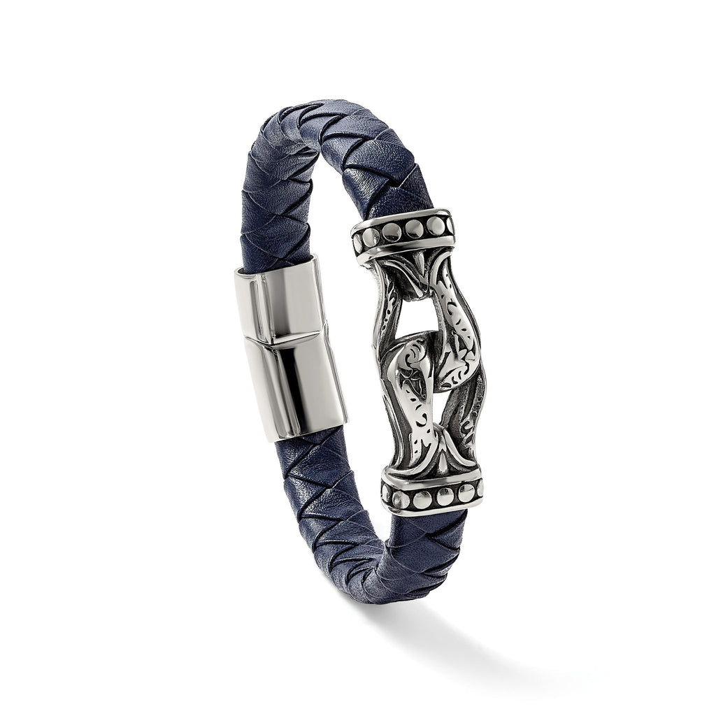 Stainless Steel Antiqued and Polished Blue Woven Leather Bracelet for Men