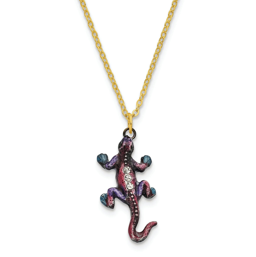 Luxury Giftware Pewter Bejeweled Crystals Pewter-tone Enameled PRINCE OF JEWELS Gecko Trinket Box with Matching 18 Inch Necklace
