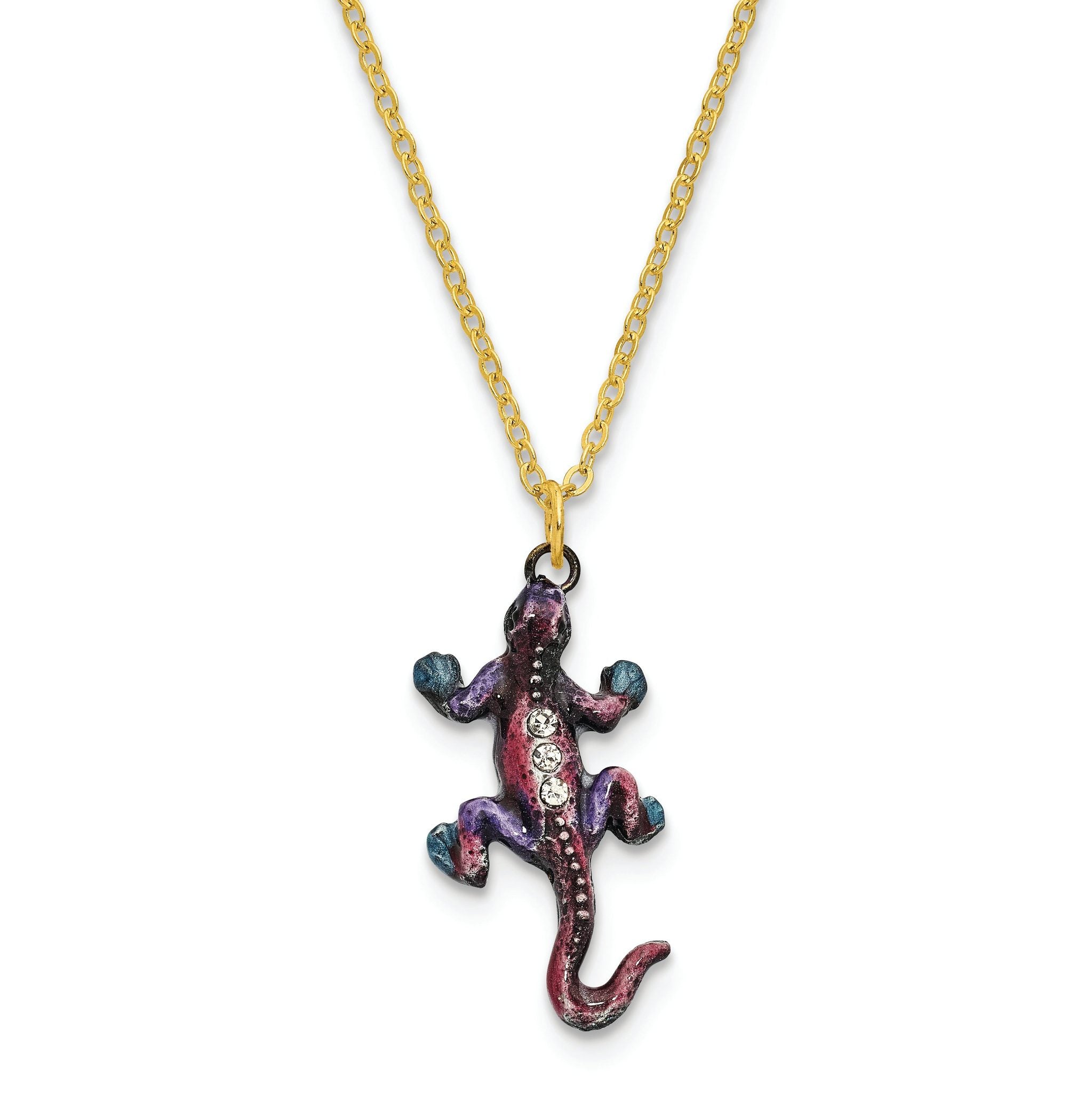 Luxury Giftware Pewter Bejeweled Crystals Pewter-tone Enameled PRINCE OF JEWELS Gecko Trinket Box with Matching 18 Inch Necklace