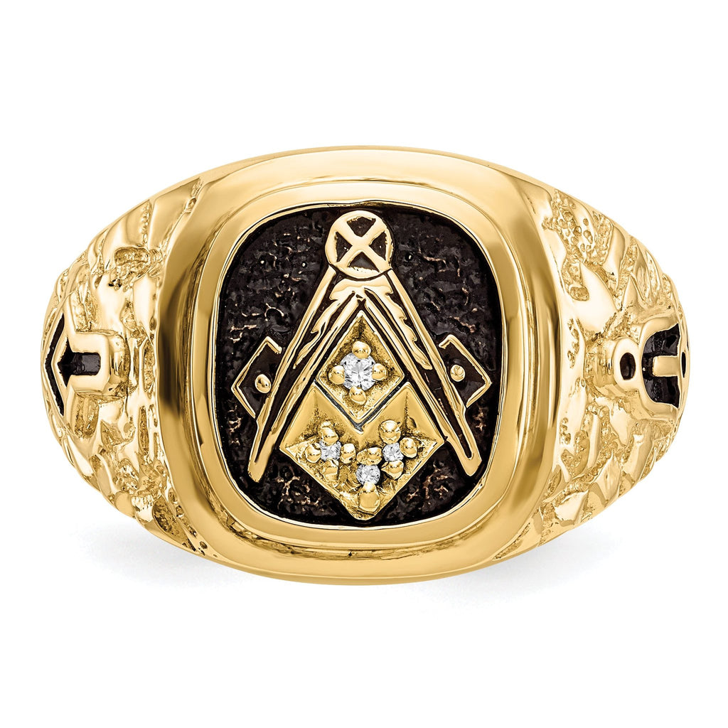10 Karat Polished, Antiqued and Nugget Texture AA Quality Diamond Masonic Ring