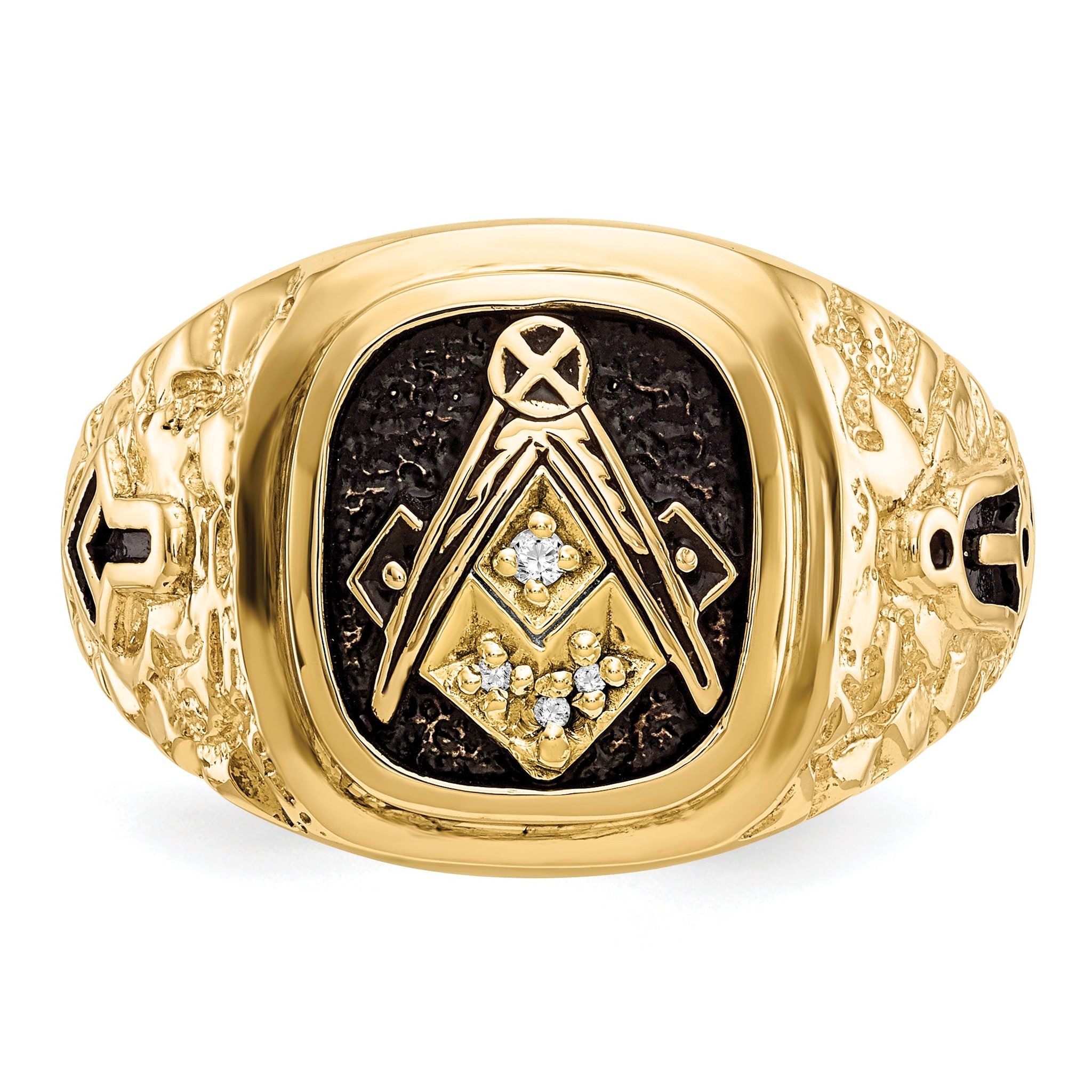 10 Karat Polished, Antiqued and Nugget Texture AA Quality Diamond Masonic Ring