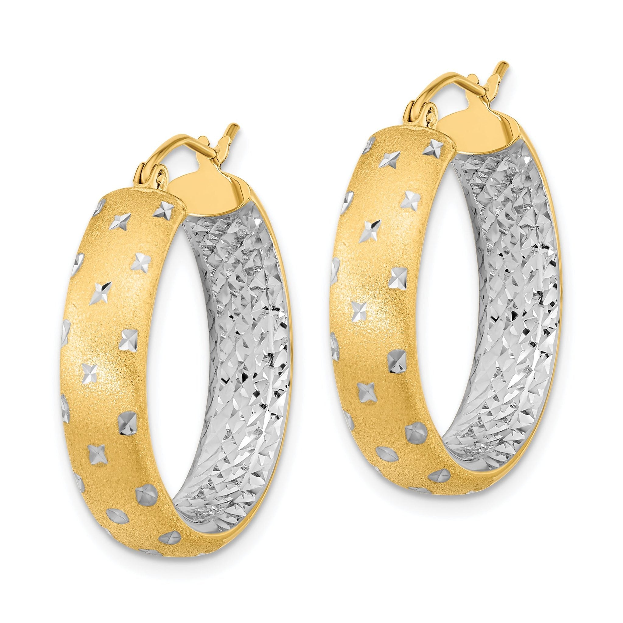 14k White Rhodium Polished Satin Diamond-cut In/Out Hoop Earrings Secondary image