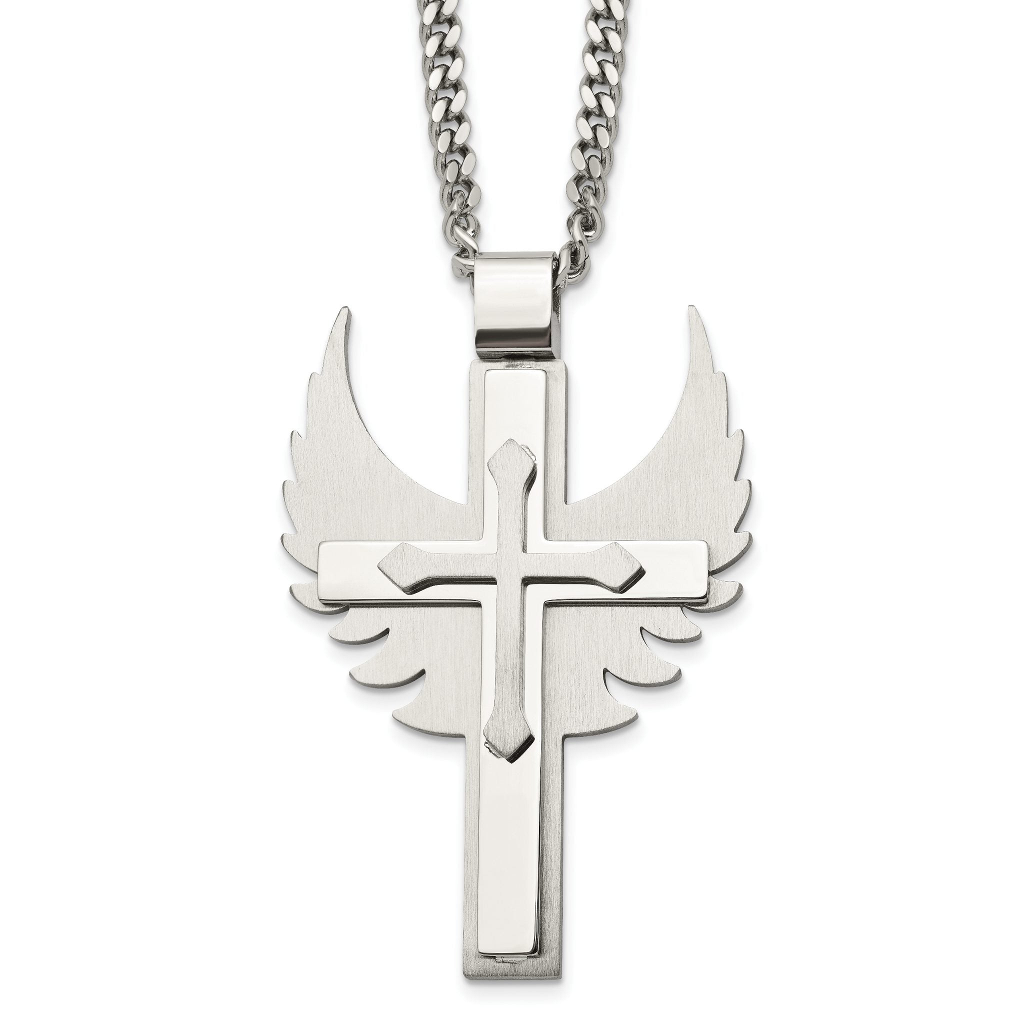 Chisel Stainless Steel Brushed and Polished Cross with Wings Pendnat on a 20 inch Curb Chain Necklace Main image