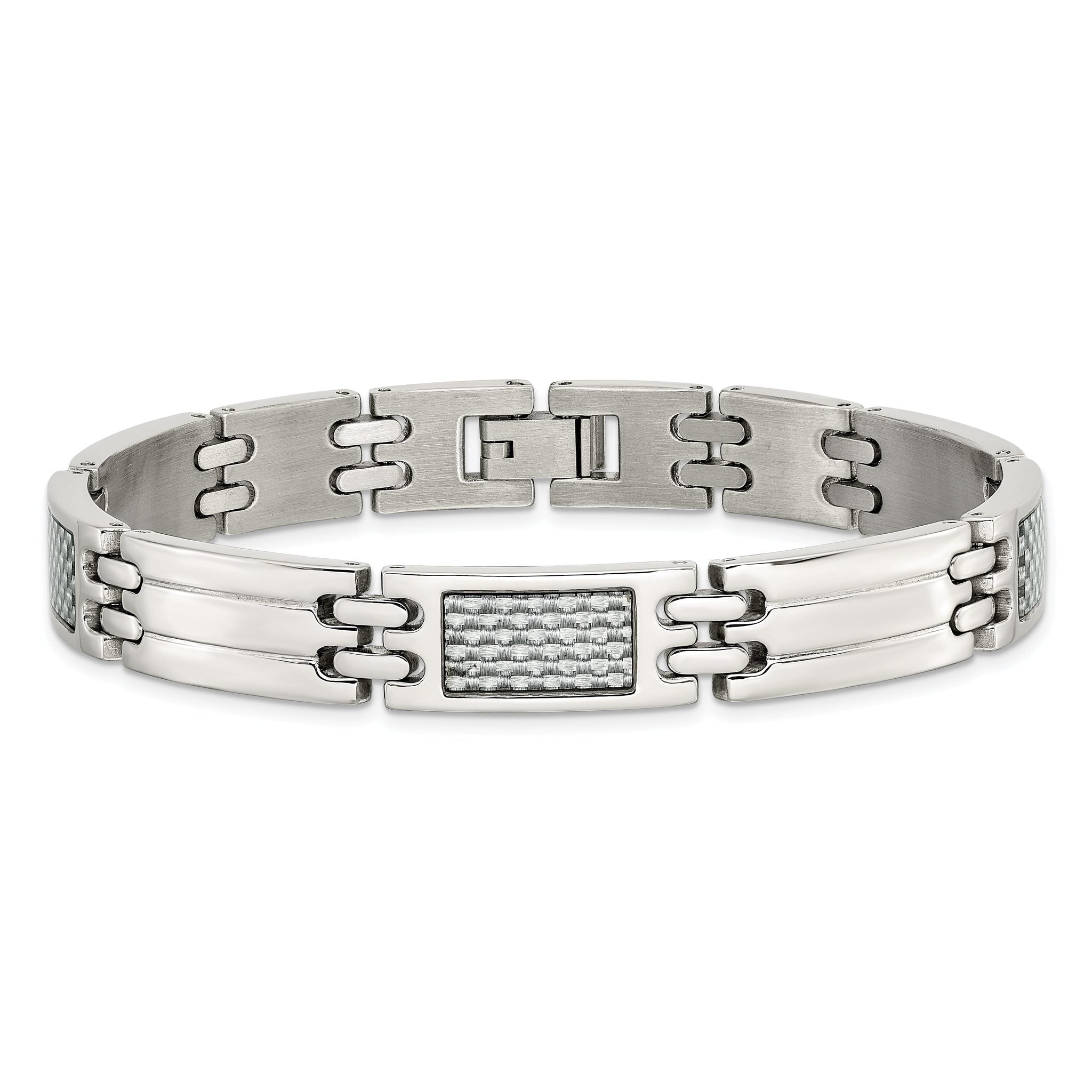 Stainless Steel Polished with Grey Carbon Fiber Inlay Link Bracelet for Men