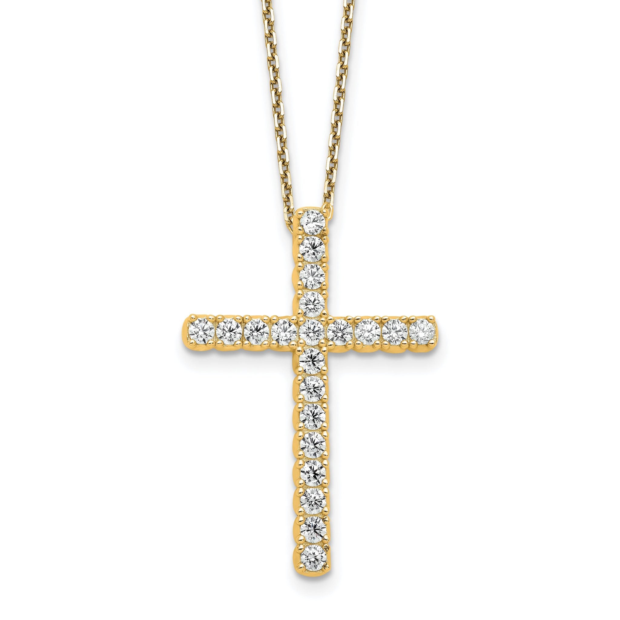 Sterling Shimmer Sterling Silver Gold-tone Flash Gold-plated 2.3mm CZ 21 Stone Cross 16 inch with 2 inch Extension Necklace Main image